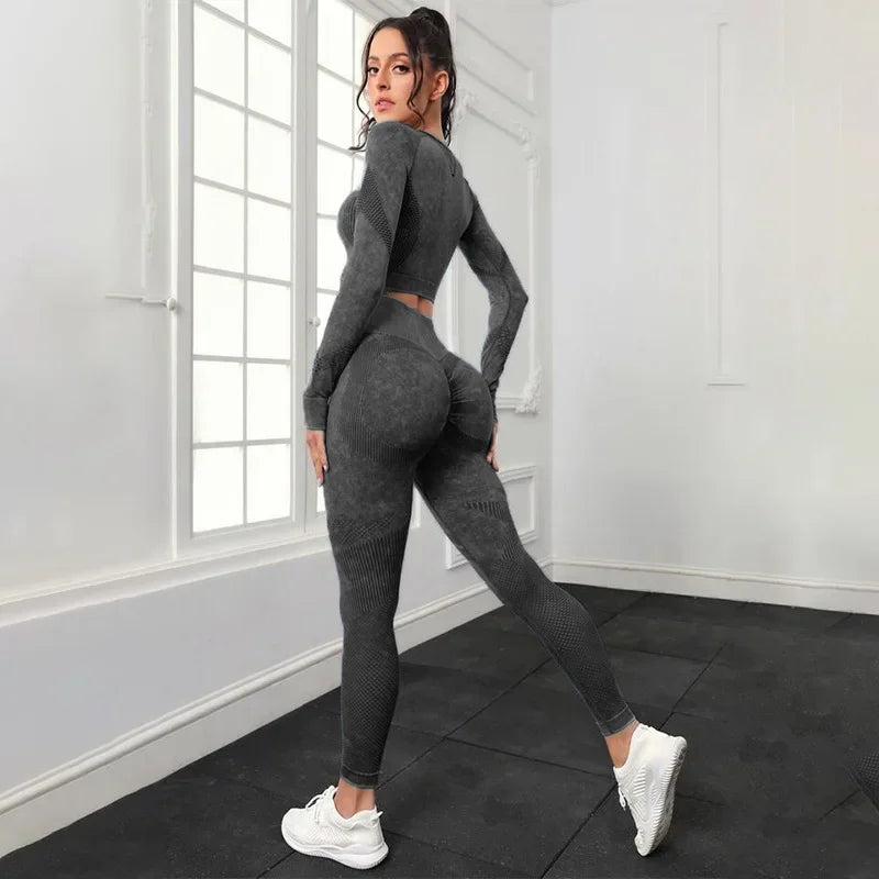 Mileegirl 2pcs Gym Sets Women, Seamless Sports Pants  Hollow Out Tights Long sleeves Fitness Sets Workout Legging Outifts Suits