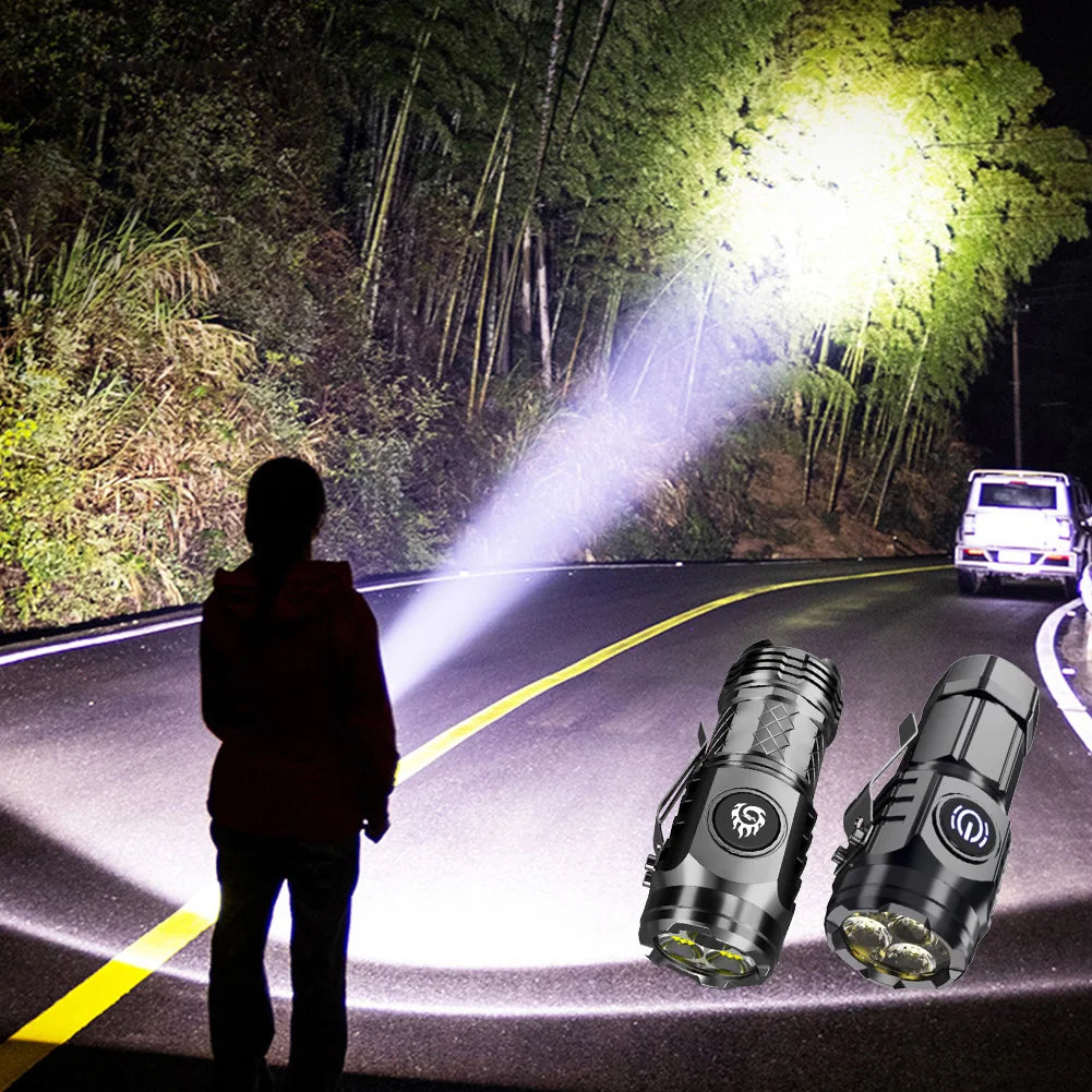 Super Bright Mini Flashlight 3-Eyed High Power LED Flashlight USB Rechargeable Clip-on Torch Light Outdoor Emergency Work Lights