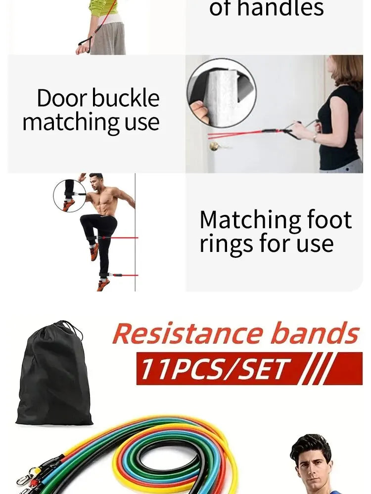 11pcs TPE Resistance Band Set Fitness Band Pull Rope Elastic Training Band With Door Anchor Handles Carry Bag Legs Ankle Straps